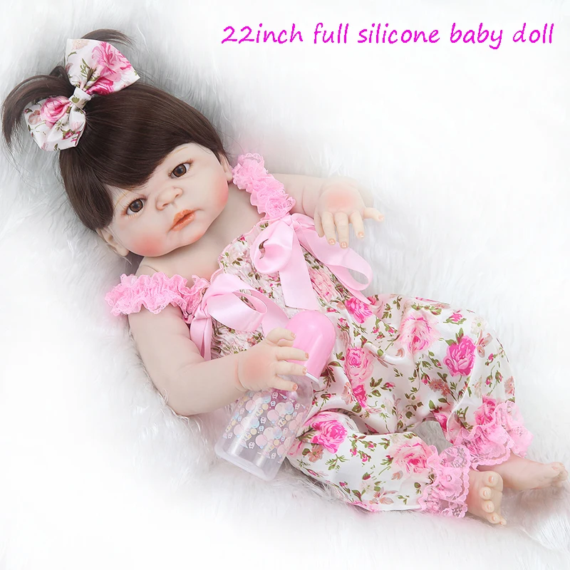 

Bebes Reborn Doll 57CM Full Body Silicone Girl Doll Reborn Baby Bath Toy Lifelike Newborn Girl Doll In A Floral Dress