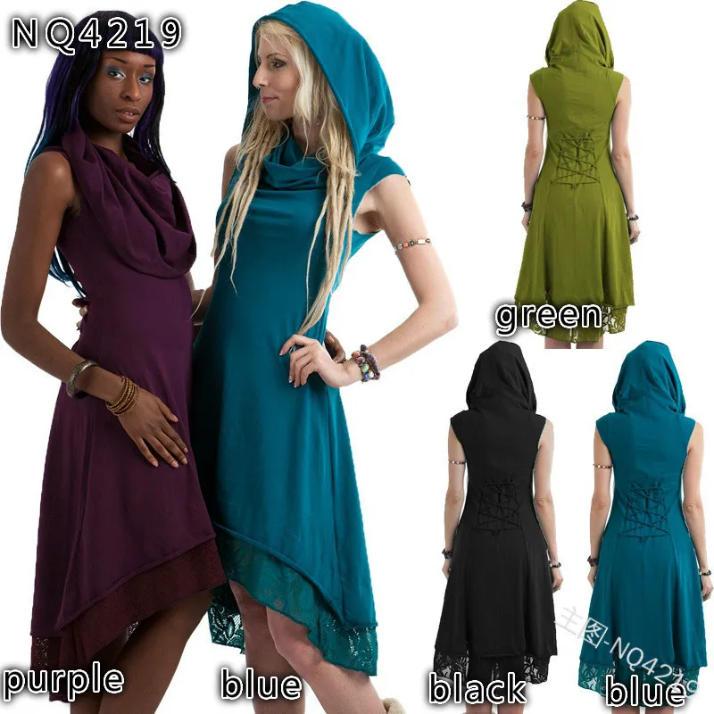  Women Vintage Asymmetrical Gothic Witch Costume Hooded Back Cross Cut Open Handkerchief Drress Medi