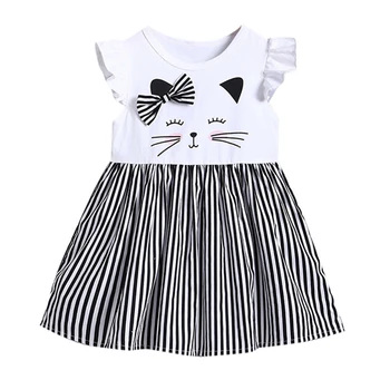 

Kids Girl Striped dress cartoon Cat Printed Sleeveless a-line dresses baby summer Lotus leaf Pleated above knee mini dress A40