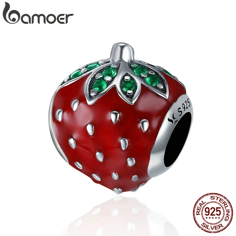 BAMOER, подлинные 925 пробы, серебряные, сладкая клубника, красная эмаль, шарм, подходят для женщин, браслеты с подвесками, хорошее ювелирное изделие SCC369
