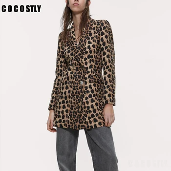 

2020 Vintage Fashion Double Breasted Leopard Blazer Women Coat Long Sleeve Animal Pattern Female Suit Jackets Outerwear Chic
