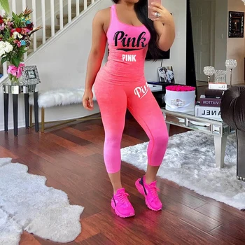 

Sexy 2 Pieces Sets Women Sporting Tracksuit Tank Tops+ Pants Plus Size Xxxl Summer Pink Letter Print Sets Cotton Blend T Shirt