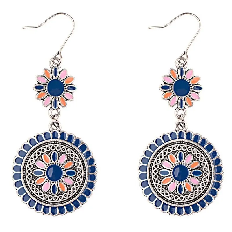 Bohemia Ethnic Drop Oil Sun Flower Totem Fashion Temperament Punk Metal Hollow Flower Big Stud Earring Women Decor