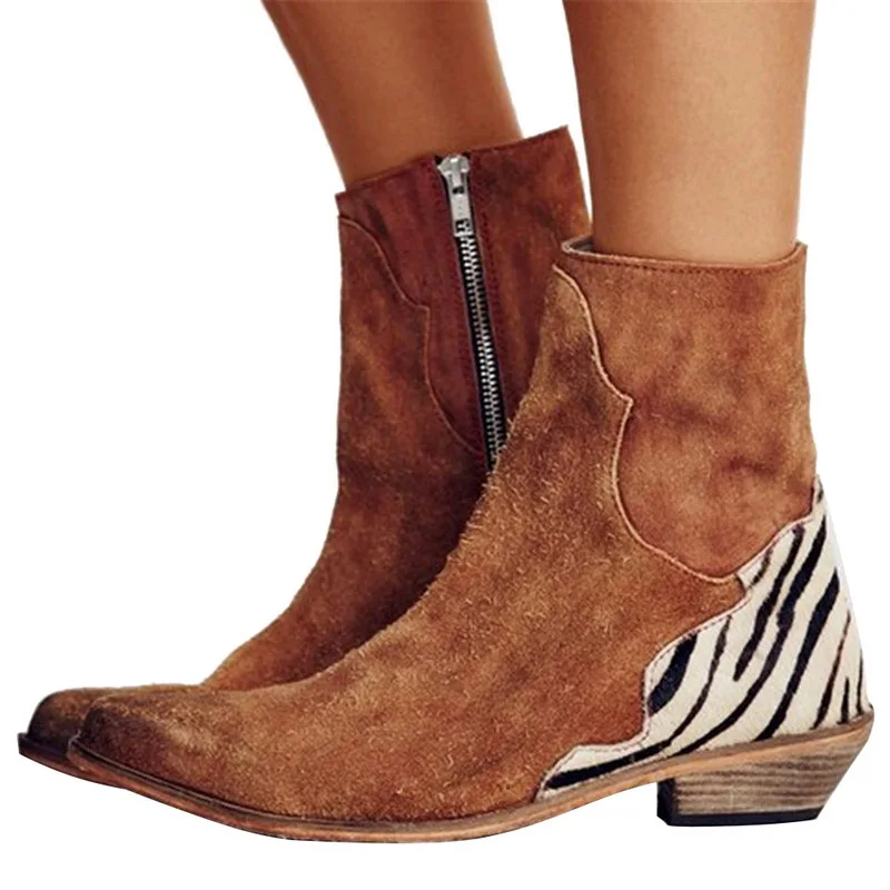 

LOOZYKIT Women Boots Vintage Pointed Toe Ankle Boots Side Zipper Heels Leopard Suede Leather Booties Women Casual Shoes