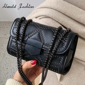 

Small PU Leather Crossbody Bags For Women 2020 Rivets Shoulder Messenger Bag Female Travel Handbags Chain Flap Female Saddle Bag