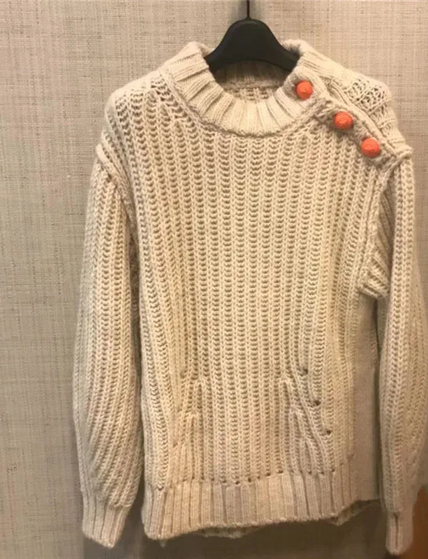 

Autumn Winter Women's Sweater Shoulder Button Split Solid Color O-neck Long Sleeve Pullover Top