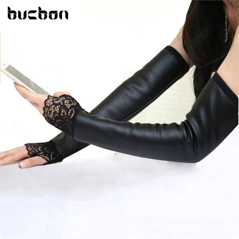

2021 New Women Sexy Lace Gloves Female Leather Fingerless Long Lace Gloves Sleeves Plus Thick Velvet Black Warm Gloves AGB171