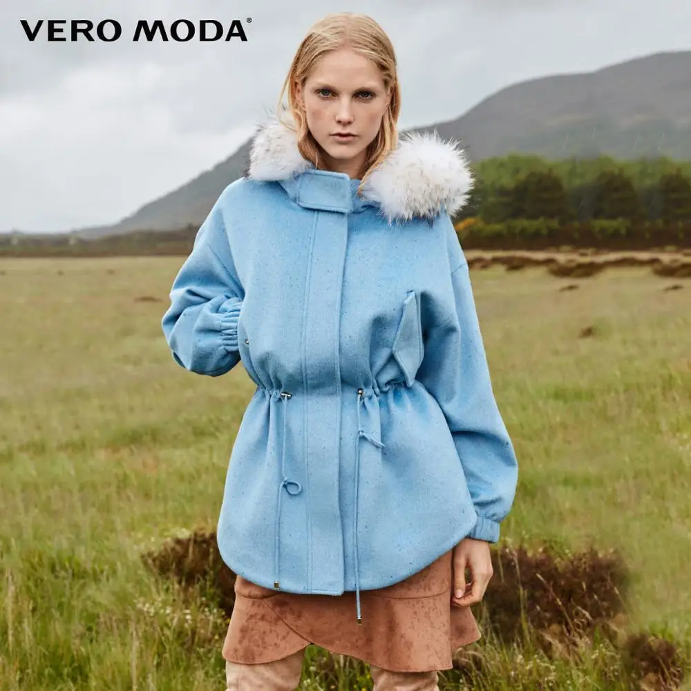 Vero Moda Женская Съемная енота с капюшоном шерстяное пальто парка пальто | 318327520 - Цвет: Tealc blue mel.