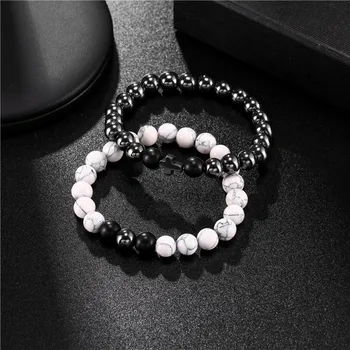 

8mm Cross Hematite Beaded Bracelet Set Men Charm White Turquoises Women Elastic Bracelet Pulseras