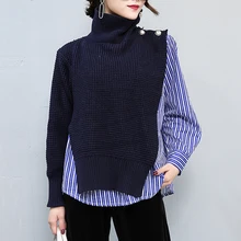 Осенне-зимняя рубашка с высоким воротником, комбинированный свитер, женский корейский большой и Модный трикотажный свитер с высоким воротом