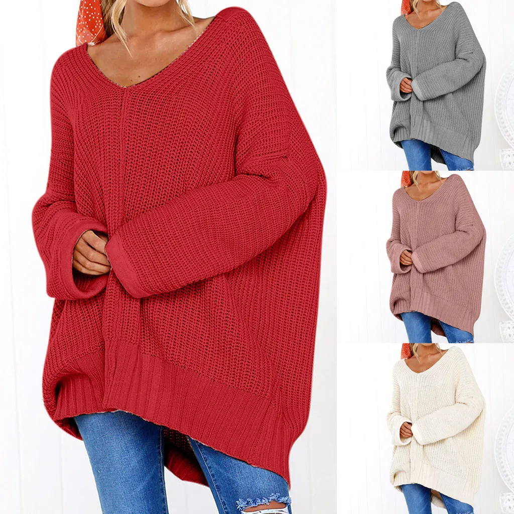 Большой размер, женский свитер, новинка, длинный рукав, v-образный вырез, однотонный, в западном стиле, Осень-зима, Модный повседневный, теплый, Свободный пуловер, джемпер# S