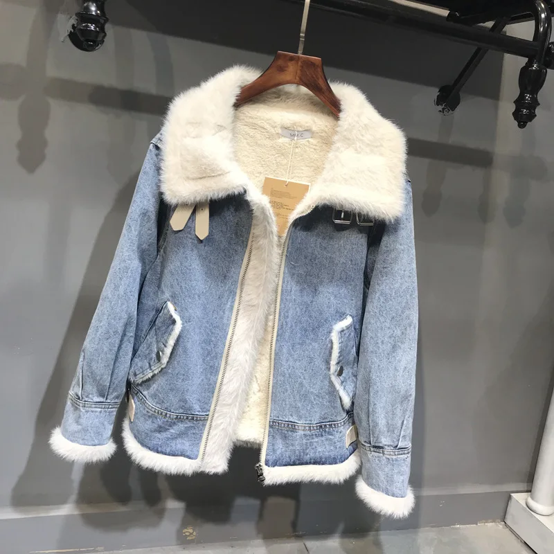 

Korean-style Lambs Wool Coat Women's 2018 Autumn And Winter Short Thick Loose-Fit Slimming plus Velvet Denim Jacket Jackets
