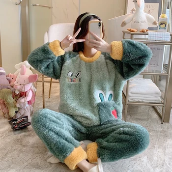 

JULY'S SONG Flannel Sleepwear Women Pajama Sets Winter Pajamas Thick Warm Leisure Comfort Long Sleeves Homewear