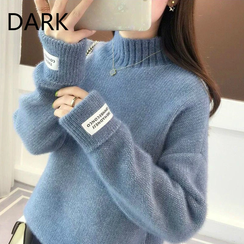 

[DARK] 2020 Autumn/Winter Korean Half Turtleneck Knitted Sweater Women's Long Sleeve Loose Mink Fleece All-match Bottoming Shirt