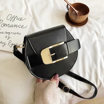 

2020 new saddle bag female crossbody texture Korean version of solid color semi-circular belt pliers black mini small round bag