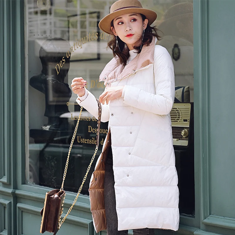 Beste FTLZZ Winter Vrouwen Dubbelzijdig 90% Witte Eend Down Jas Ultra Licht Coltrui Lange Vrouwelijke Uitloper Warme Parka Sneeuw Parka