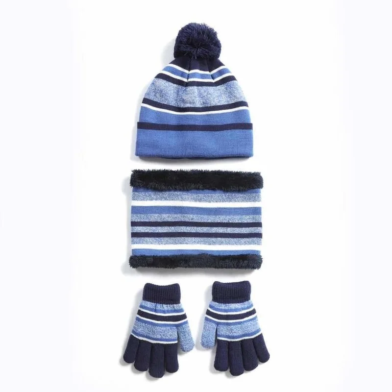 

3PCS/Set Childres Striped Scarf Hat Glove Sets Winter Warm Thicken Velvet Hats Boys Girls Kids Knitted Pompom Hats Beanie