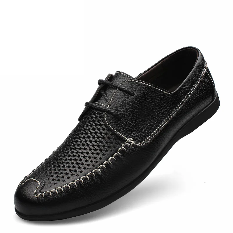 

Men Black Loafer perforated Shoes 100% Genuine Leather flats hollow driving shoes business men's shoes casual best quaity C4