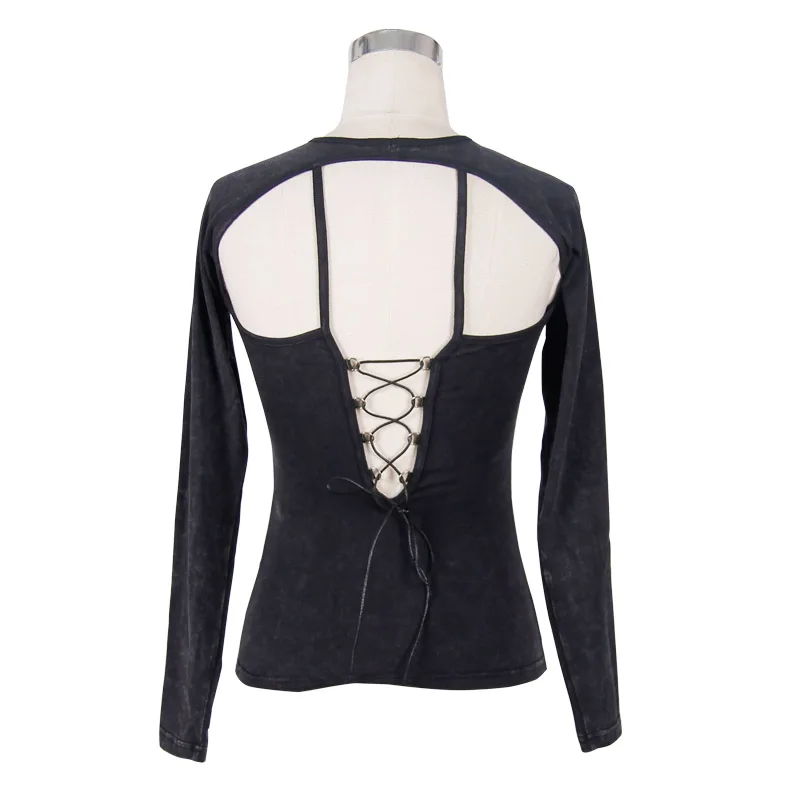 Devil Fashion Women Gothic T-shirt Sexy Long Sleeve Backless Hollow Out Cotton Tops