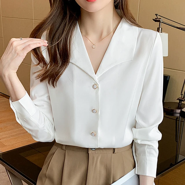 Camisa blanca de manga larga de satén con cuello en para Mujer, blusa Coreana de gasa, Tops elegantes para Mujer, Blusas unicolor empalmadas, envío 2606 - AliExpress