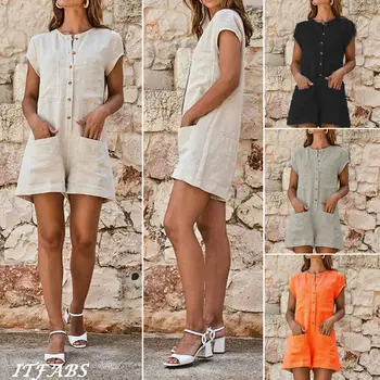 

UK Womens Cotton Line Pocketed Playsuit Ladies Summer Holiday Shorts Jumpsuit