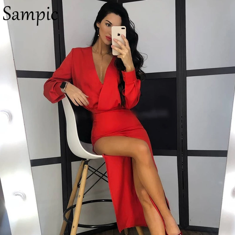 Sampic, сексуальное, облегающее, Клубное, черное, красное, макси, вечерние, с длинным рукавом, винтажное, с v-образным вырезом, женское, с разрезом, длинное, Осеннее