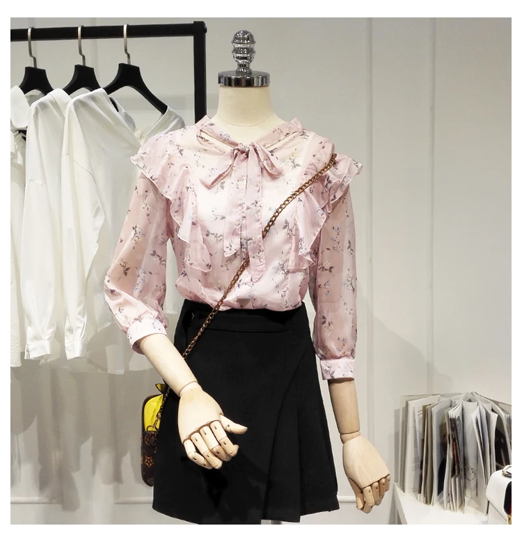 So Sweet Spring Autumn Chiffon Shirt Women Top Flower Print Ruffles with Tie Lady Chemise Femme Chemisier Blusa Mujer Camisa