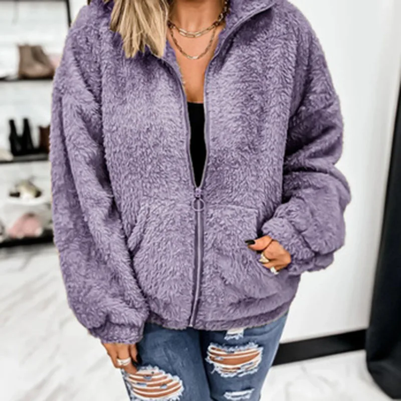 5Xl New Women's Coat Jacket Autumn and Winter Woolen Fleece Zipper Cardigan Double-Sided Fleece Jacket Women's Warm Ladies Coat
