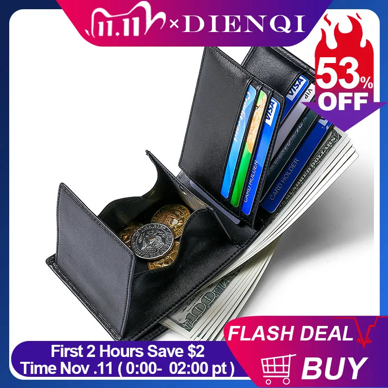

DIENQI Rfid Real Genuine Leather Men Wallets Small Slim Billfold Card Wallet Money Purses Coin Pocket Bag Black Male Walet Valet