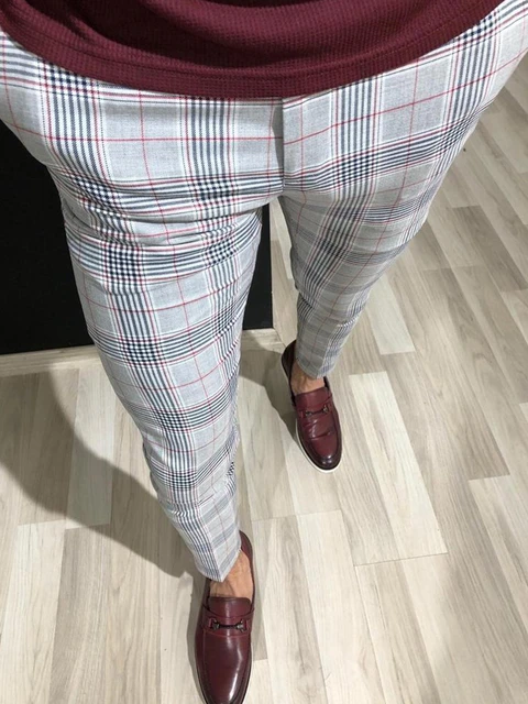 Men's Slim Fit Dress Pants, Men Plaid Pants Slim Fit