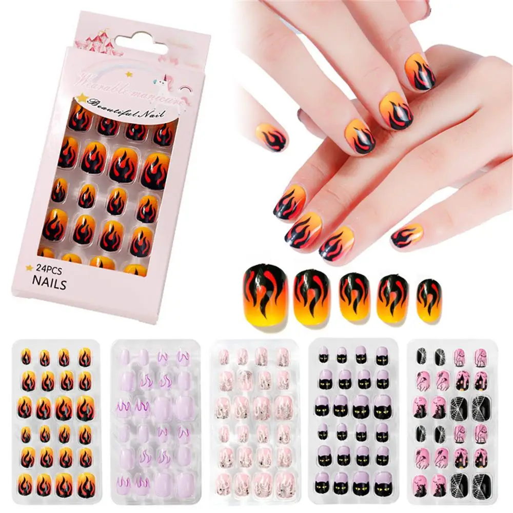 NEW Fashion 24pcs False Nail Tips Press On Children Flame Full Cover Kid Glue Self Fake Art for Girls Reusable Manicure Tip | Красота и