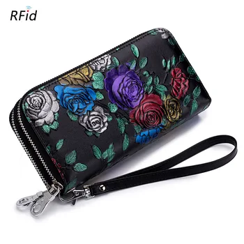 

Embossing Flower Wallet for Womens Girls Purse Wallet Female Square Long Double Zipper Card Holder Vintage Clutches Anti-theft