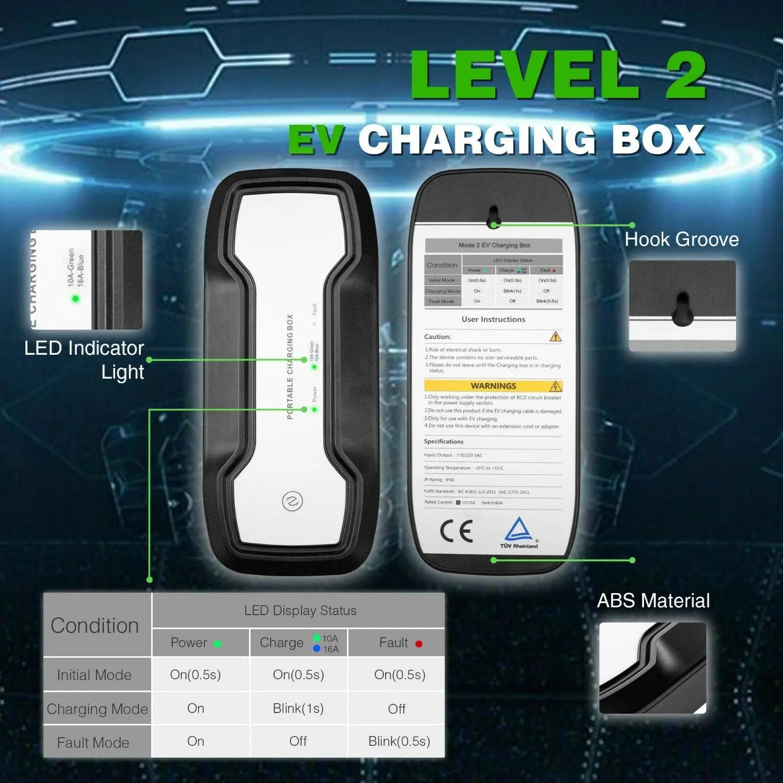  Type 1 Portable EV Charging Box Cable Switchable 10/16A Schuko Plug Electric Vehicle Car Charger EV