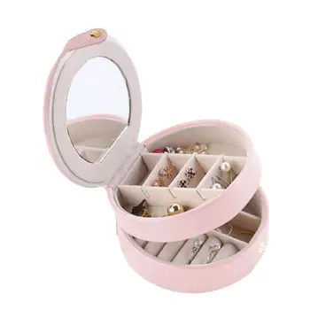 

Portable Three-layer Studs Earrings Box Round PU Leather Jewelry Organizer Jewelry Box Earrings Ring Bracelet Storage