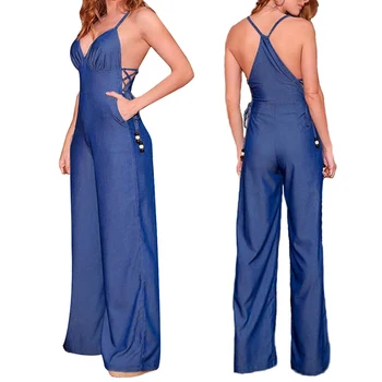 

Women Strap Backless Bandage Denim Deep V Jumpsuit Ladies Sexy Hollow Out Wide Leg Pants Party Jumpsuit mono de lentejuelas