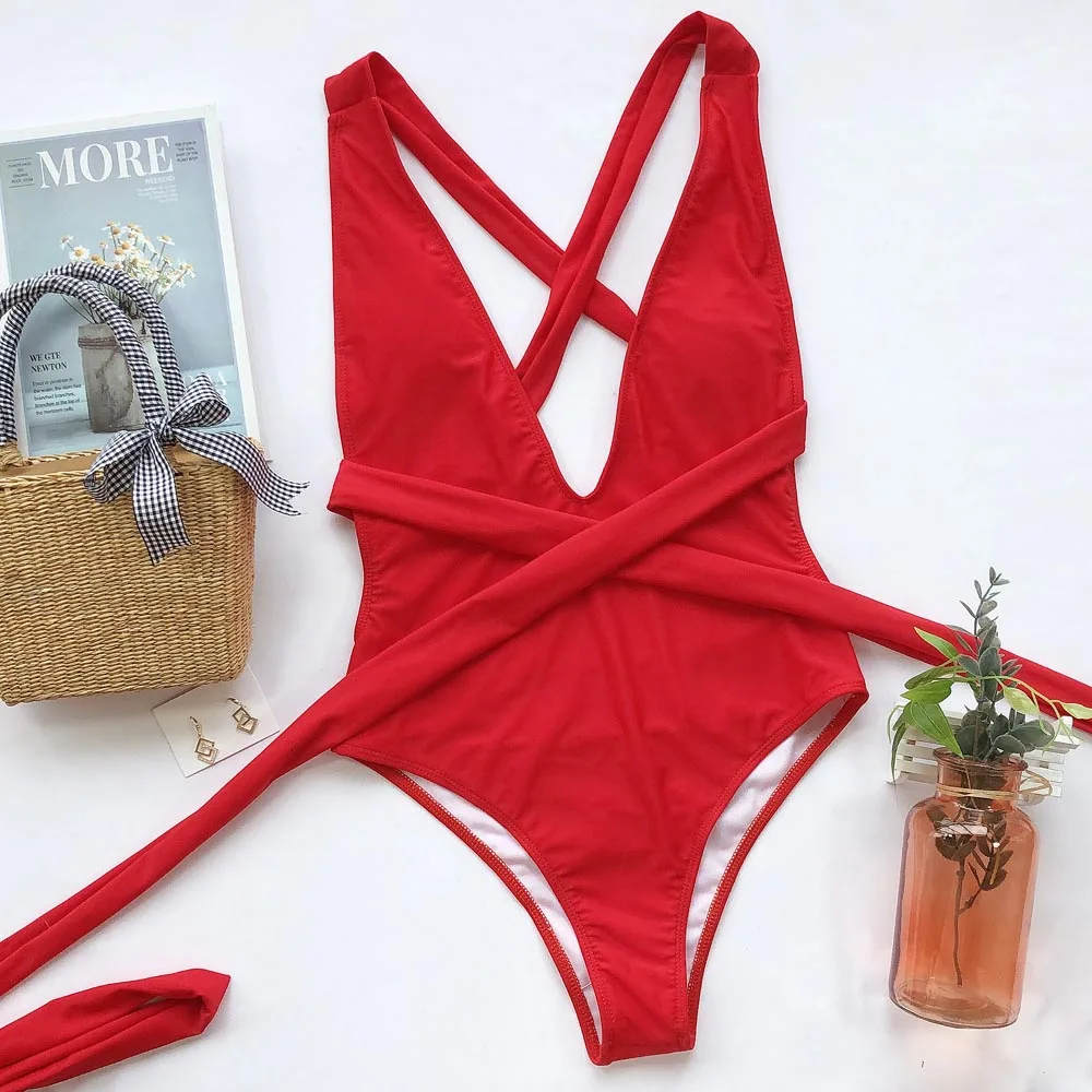 Red Wrap Around Women Swimwear One Piece Swimsuit Female Bather 2020 Deep V Neck Bathing Suit Swim Backless Monokini