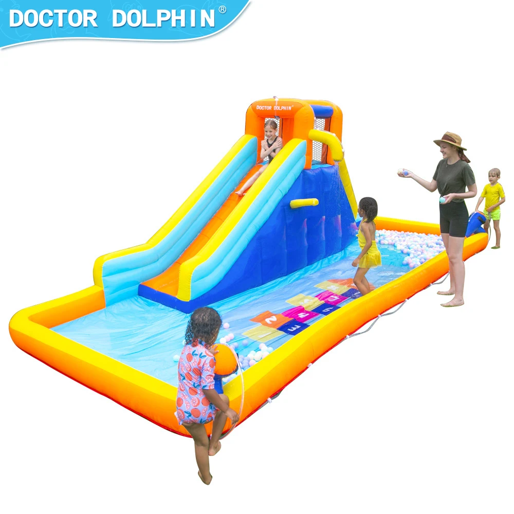 

Doctor Dolphin Inflatable Castle Amusement Water Park Bouncer with Water Gun and Slide for Big Ball Pool for Kids