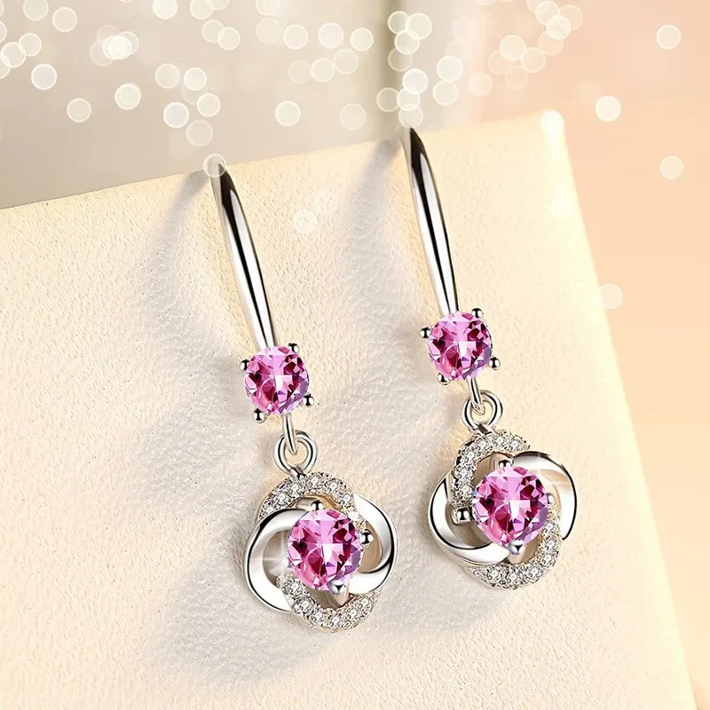 Ha9ad7159913a47668da084f2f33584d6G - Boho Female Crystal Pink Blue White Drop Earrings Fashion 925 Silver Zircon Stone Earrings Small Round Dangle Earrings For Women