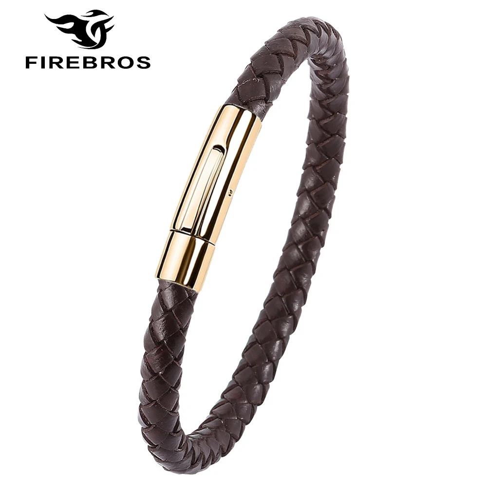 FIREBROS Gold Black Silver Stainless Steel Clasp 6mm Red Brown Black Genuine Leather Bracelet for Men Women Jewelry Dropshipping