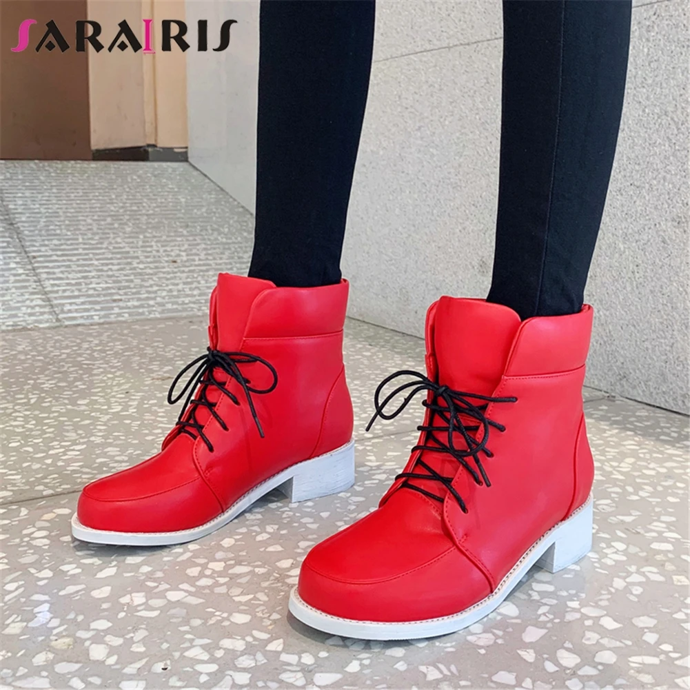 

SARAIRIS Plus Size 34-46 Hot Sale Fashion Ankle Boots Woman Shoes Lace Up Chunky Heels Add Fur Autumn Shoes Woman Boots