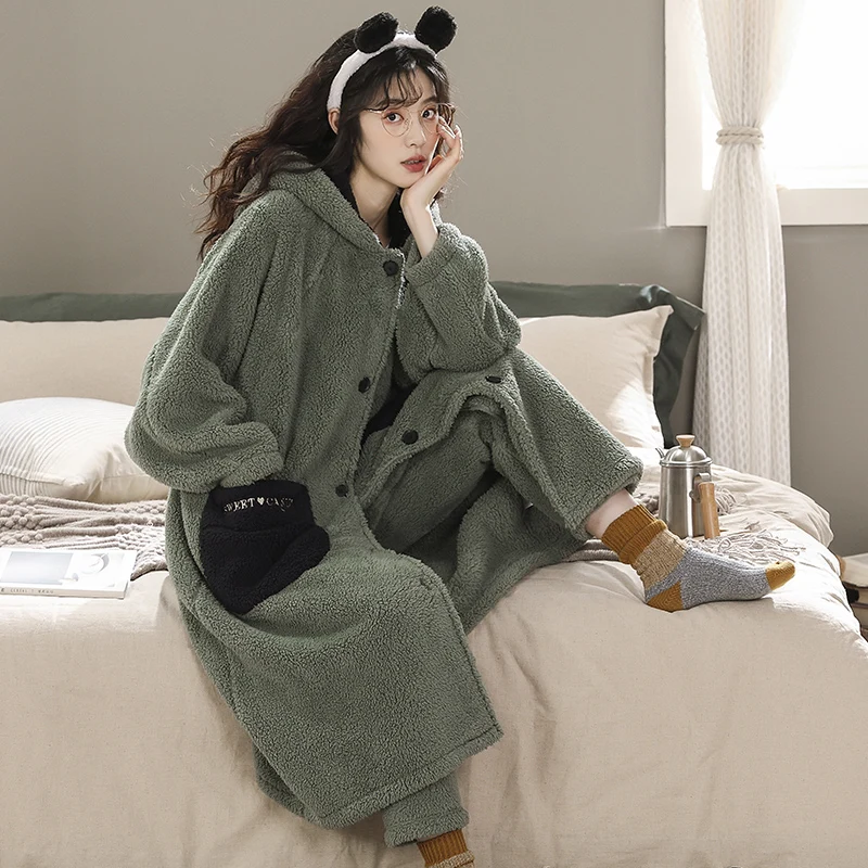 Pajamas Women's Autumn and Winter Coral Fleece Thickened Fleece Bathrobe Extended Nightgown Cute Cartoon Flannel Homewear