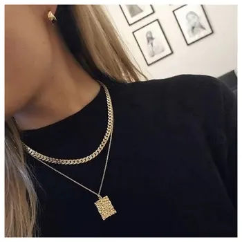 

Punk Style Simple Neck Chains For Women Gold Colour Square Embossed Pendant Frame Necklace Party Daily Jewelry