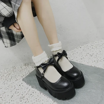 

Japanese Sweet Lolita Princess Shoes Cute Bow Round Head Black Waterproof Platform College Women Shoes