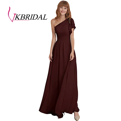 Burgundy VKbridal ТРАПЕЦИЕВИДНОЕ ПЛАТЬЕ больших размеров для свадебной вечеринки, выпускного бала для Juniros реальное изображение одно плечо шифоновое платье для подружки невесты длинное - Цвет: Burgundy