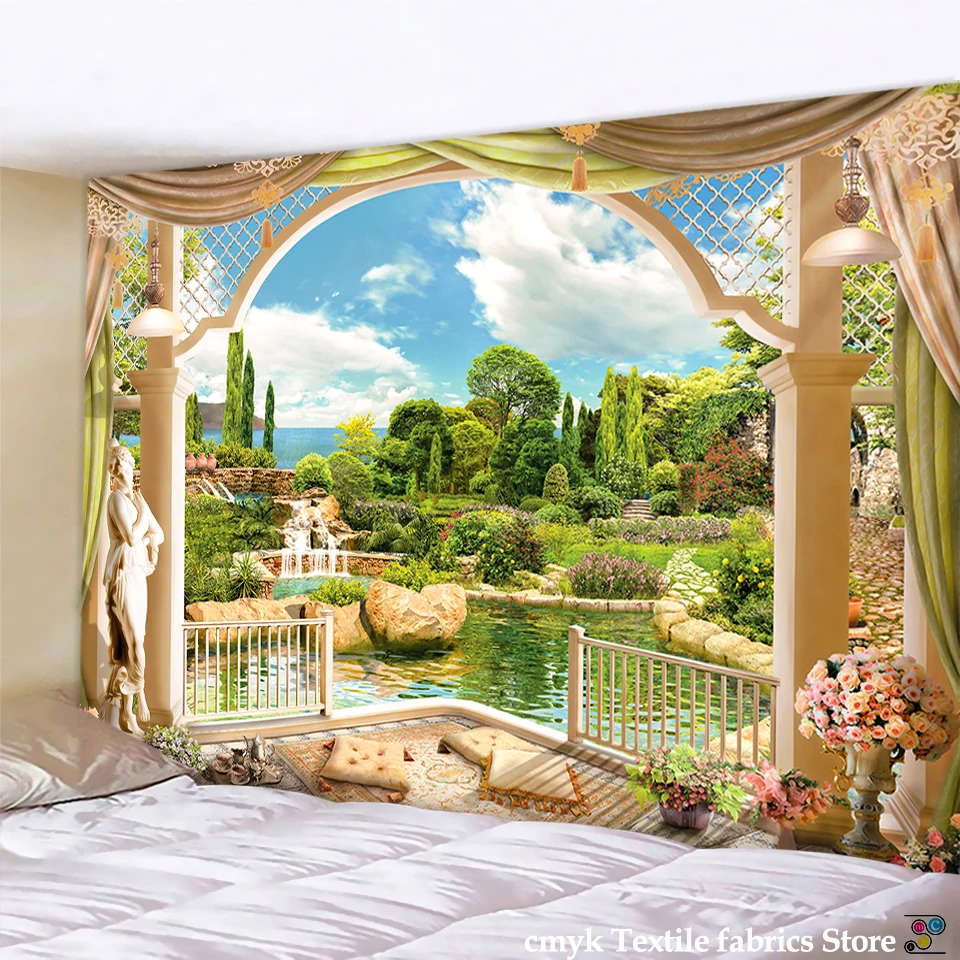 Description Picture 5 of itemCorridor Scenery Wall Hanging Landscape Tapestry Sea Beach Wall Cloth Beach Mat Flower Blanket Home Decoration