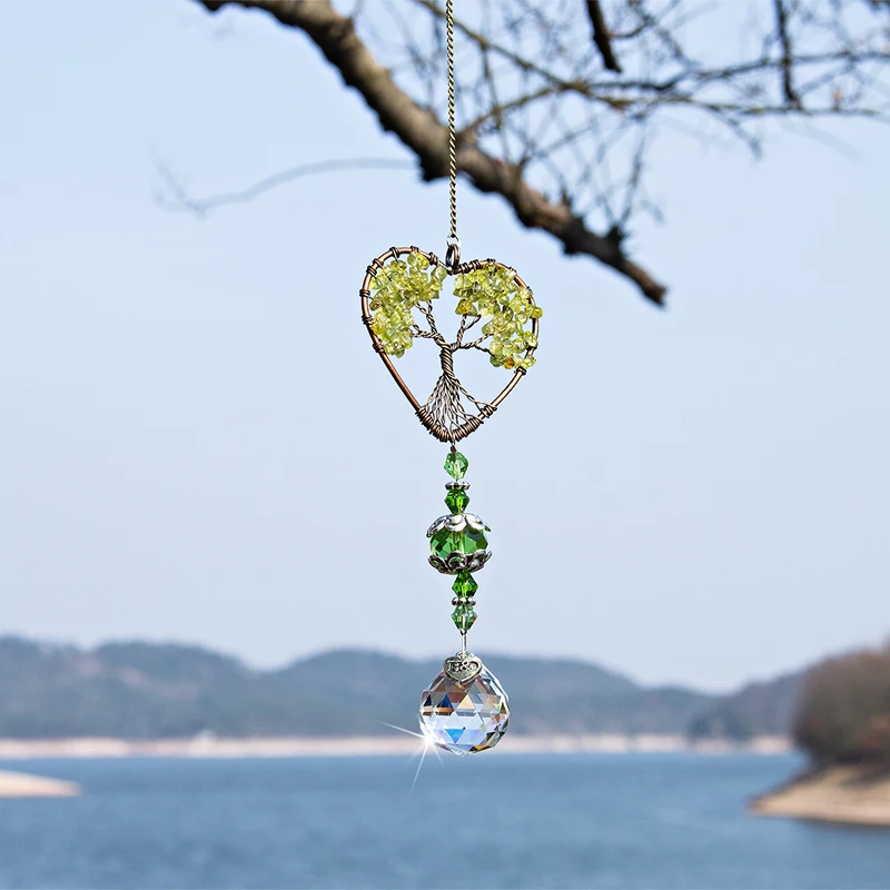 H&D Heart Shaped Crystal Tree of Life Suncatcher Healing Natural Stones Rainbow Maker Window Hanging Ornament Home Garden Decor