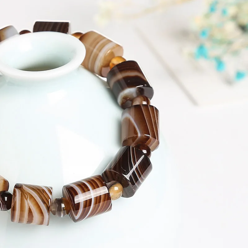 JD Genuine 12mm Natural Coffee Lace Agate Bracelets Men Handmade Tibetan Buddha Hand String Barrel Rosary Prayer Beads Bangles - Image 2