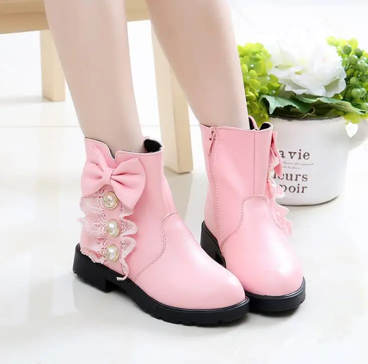 Girl's Ankle Boots Autumn Winter New Fashion Princess Girl Add Wool Cotton Boots Children Warm Shoes Red Pink
