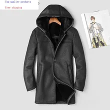 Натуральная кожаная куртка Для мужчин зимнее пуховое пальто с капюшоном куртка из короткой овечьей шерсти теплые мужские Для Мужчин's Кожаные куртки 8087 KJ2991