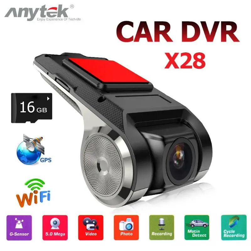 Anytek X28 Lens Dashcam Car DVR Camera Rotatable Lens WiFi ADAS 150 Full HD 1080P Dashboard Camera Recorder+16GB TF Card